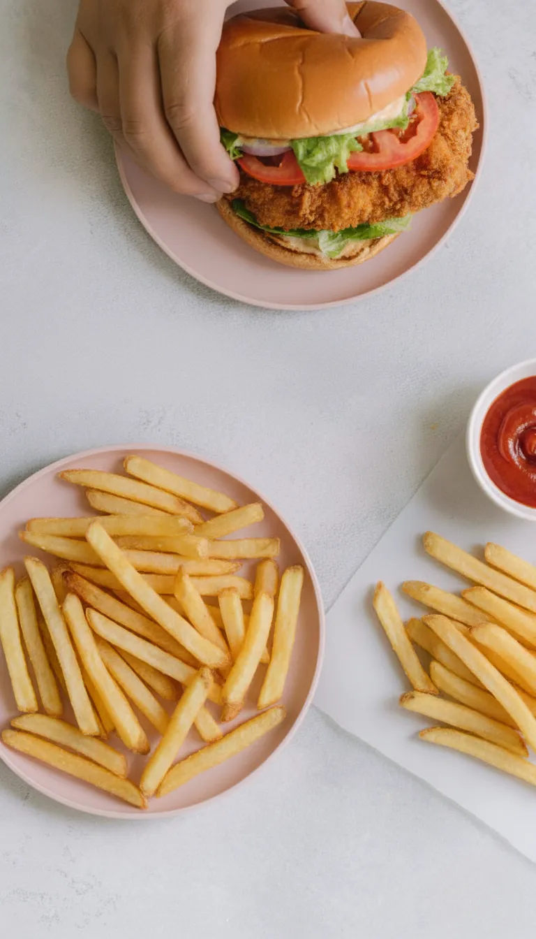 top shot of fries and burger